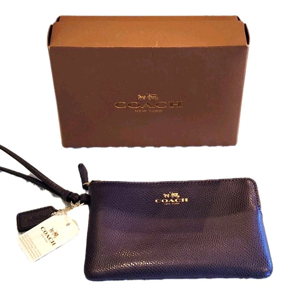 NEW w/ Box COACH Polished Pebble Leather Wristlet Purse Aubergine Plum Purple